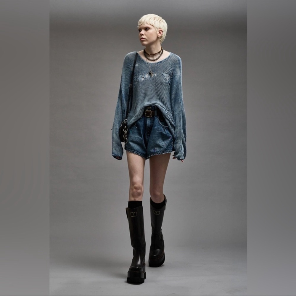 R13 Distressed Boyfriend Crewneck Sweater in Indigo Blue Size XS - Picture 4 of 13
